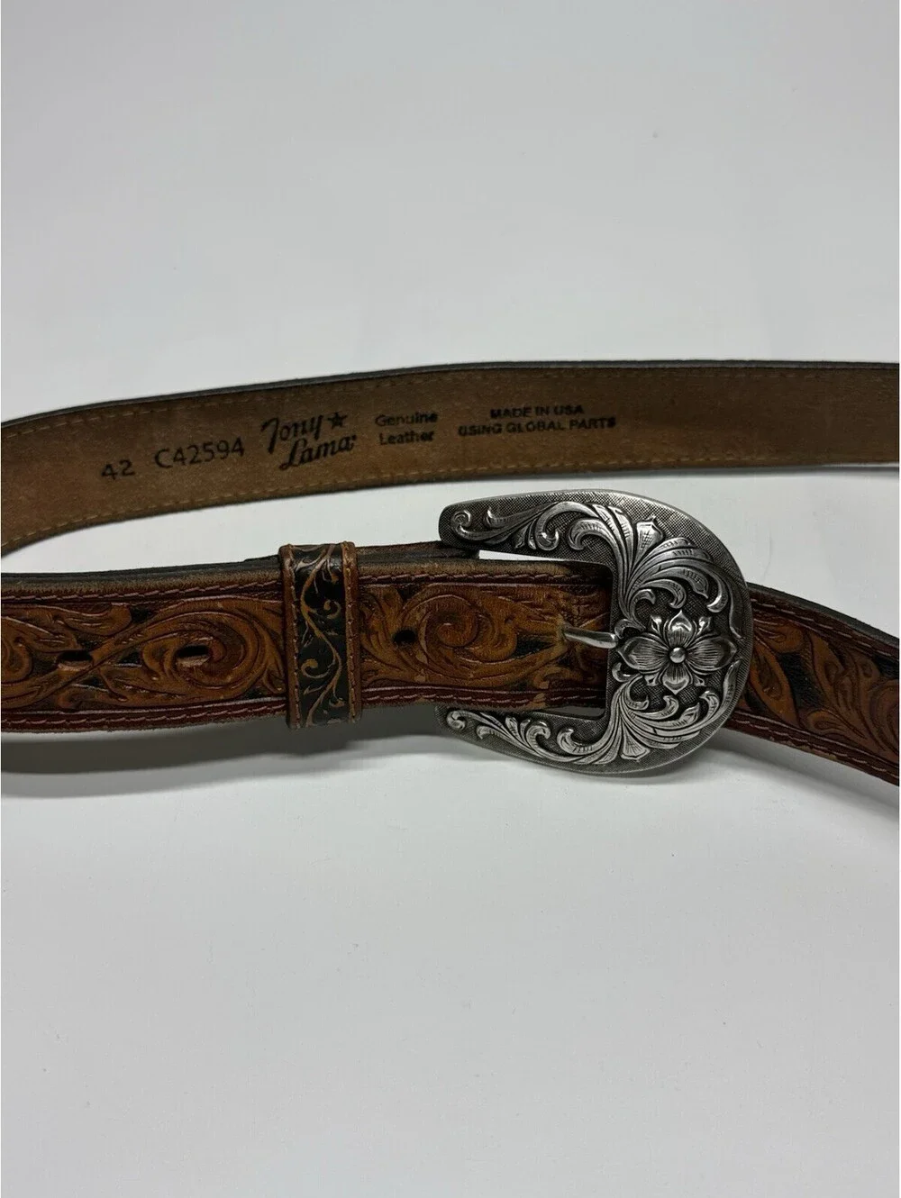 Tony Lama Western Leather Belt Size 42 Brown Tooled Floral Buckle USA  C42594